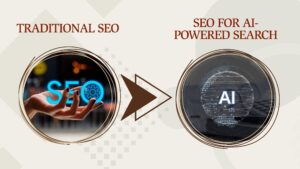 Featured image. One image of a hand holding the letters SEO. An arrow points to another image with the letters AI. Shows the shift from Traditional SEO to SEO for AI powered search.