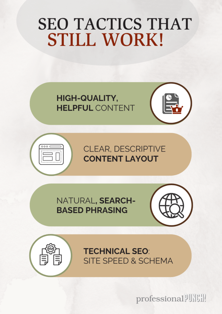 Infographic showing 4 traditional good SEO practices that work for ai powered search.