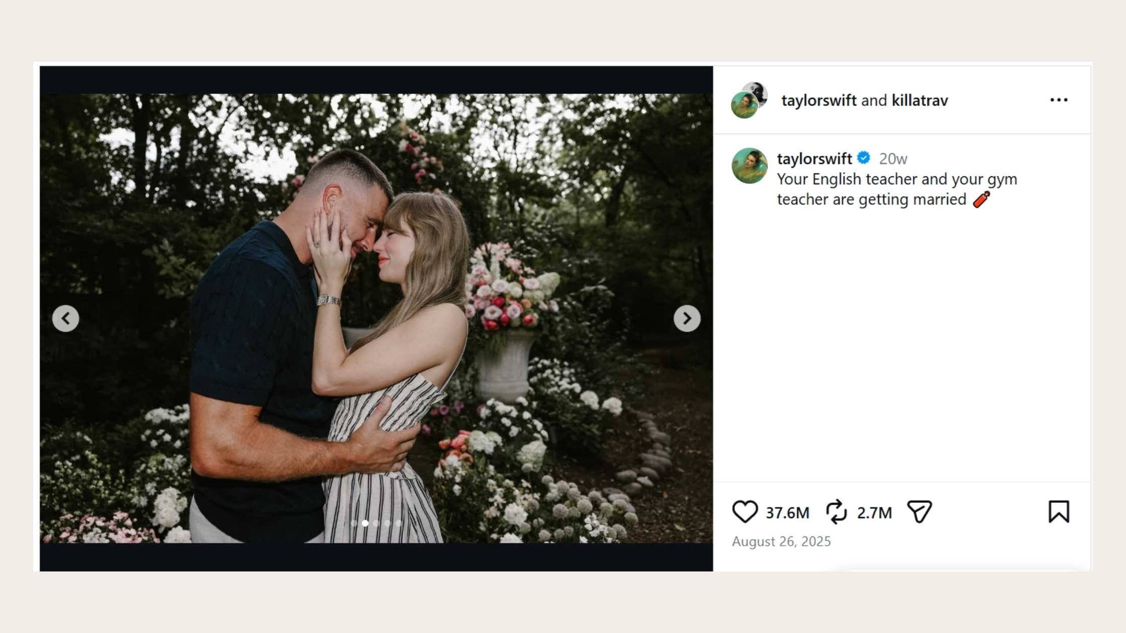 instagram post of Taylor S Marriage Announcement
