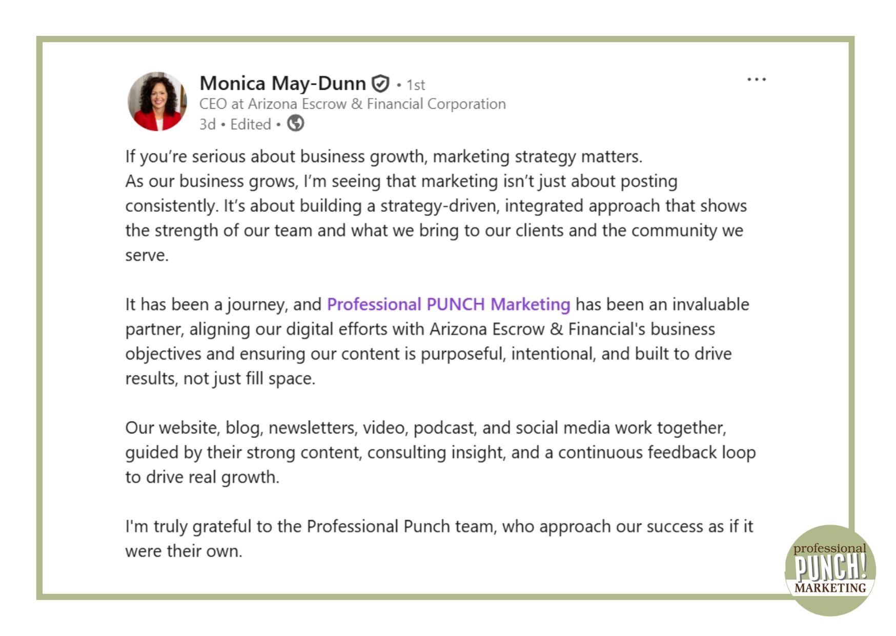 LinkedIn testimonial post screenshot